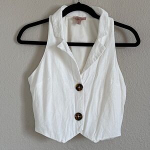 Womens Small White Linen Blend Vest Y2K Layer Preppy Parisian Old Money Neutral